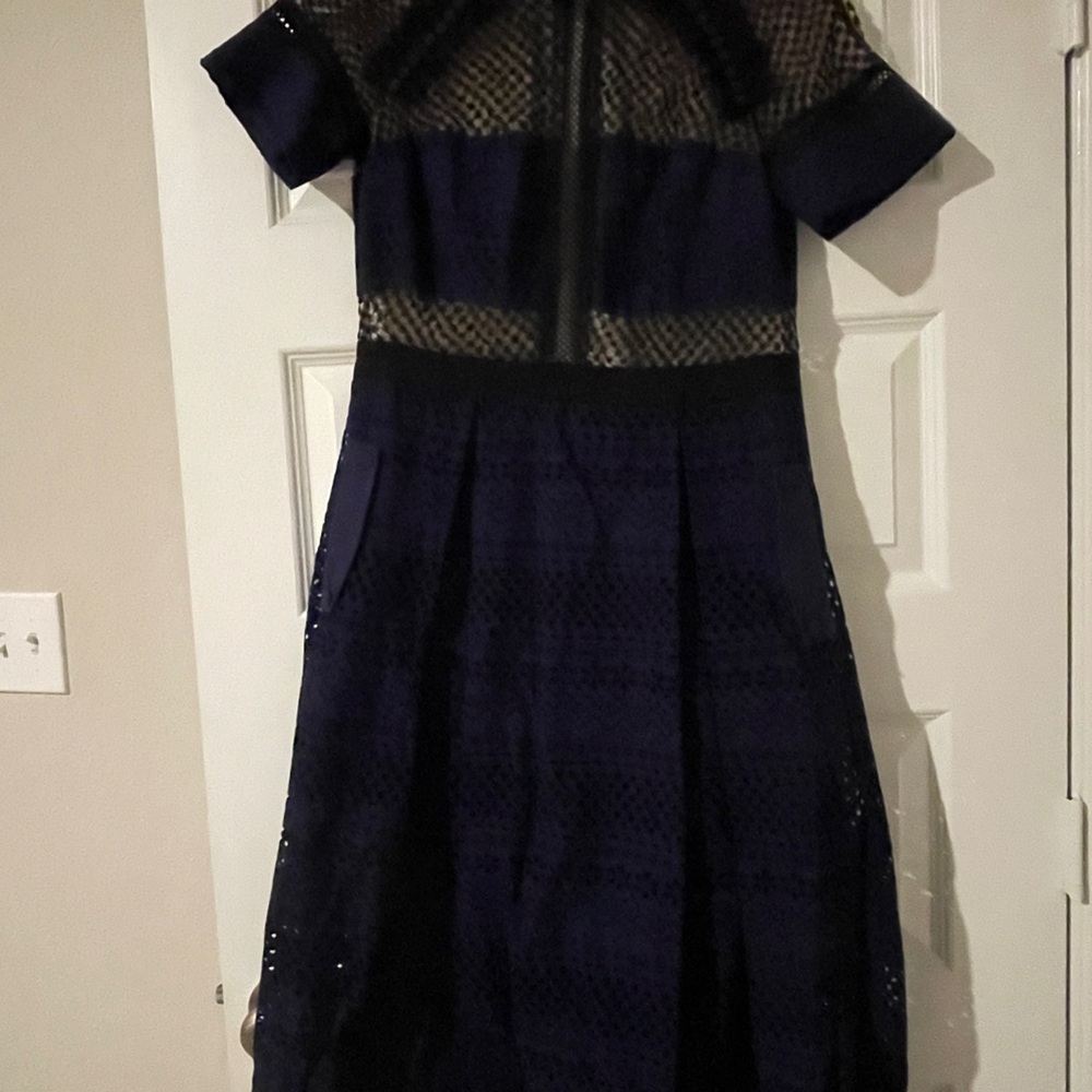 Self-Portrait Navy & Black Lace Midi Dress with Contrast Trim